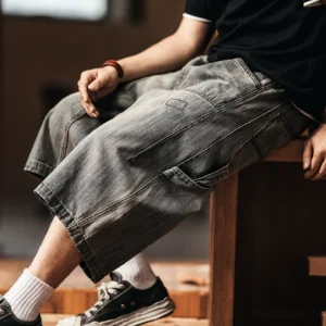 格蓝鹿日系复古做旧牛仔短裤男2026夏季潮牌宽松街头工装七分裤男 884870677197.webp