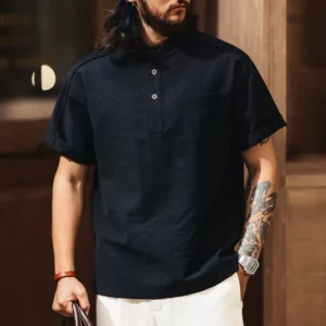 格蓝鹿美式复古莱赛尔亨利领短袖t恤男2026夏潮牌亚麻休闲polo衫 1031377922337.webp