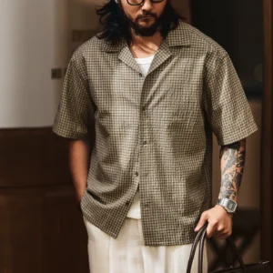 格蓝鹿美式潮牌古巴领短袖衬衫男夏季薄款2026潮牌条纹提花衬衣男 851508828108.webp