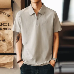 格蓝鹿高端潮牌竖条半拉链polo衫短袖t恤男夏季宽松冰丝半袖上衣 870306017937.webp