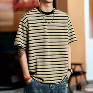 格蓝鹿高端美式复古条纹男士t恤2026夏季新款宽松圆领短袖上衣男 935993007570.webp